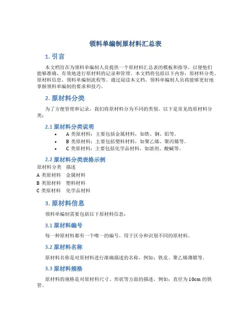 领料单编制原材料汇总表