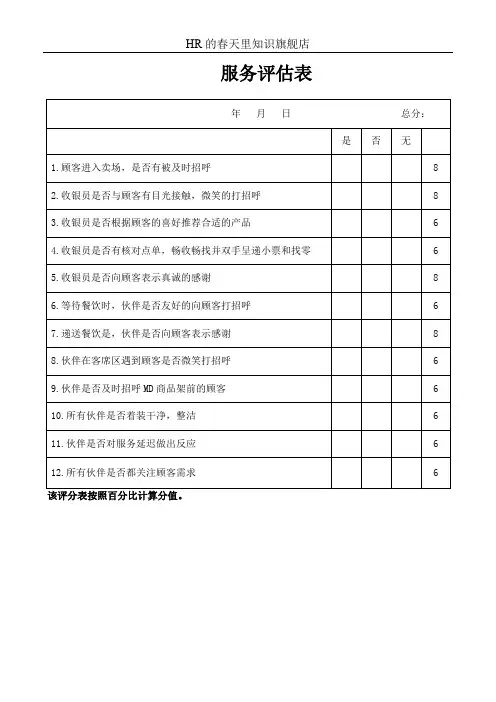 服务评估表(标准模版)