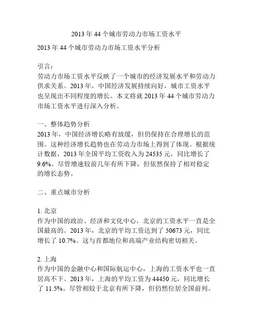 2013年44个城市劳动力市场工资水平