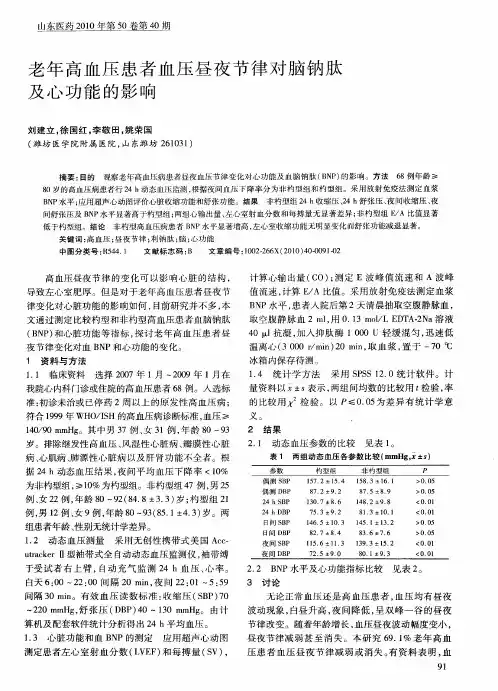 老年高血压患者血压昼夜节律对脑钠肽及心功能的影响