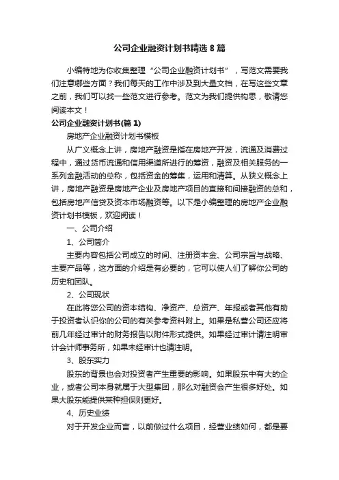 公司企业融资计划书精选8篇