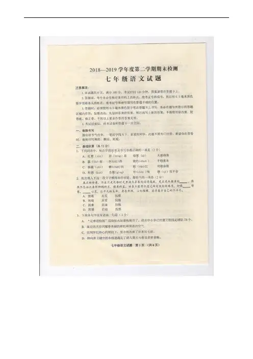 山东省济宁市邹城市2018-2019学年七年级下学期期末考试语文试题(扫描版)