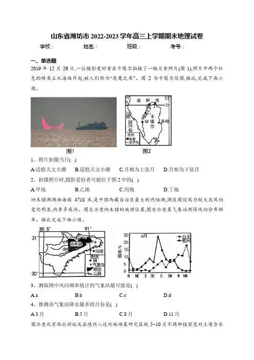 山东省潍坊市2022-2023学年高三上学期期末地理试卷(含答案)