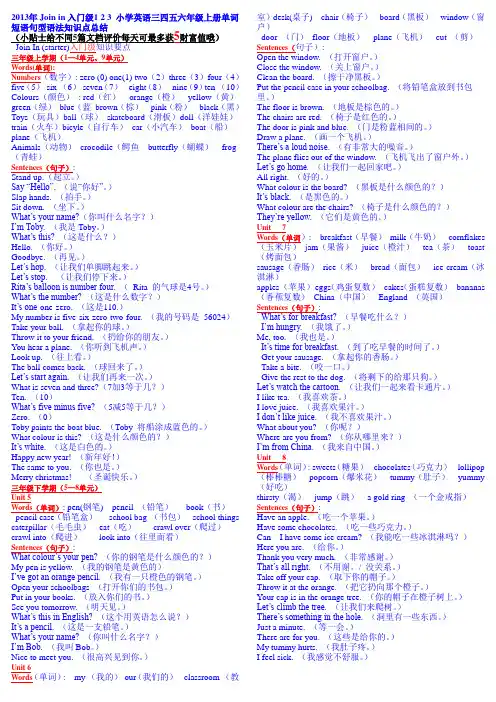 2013年Join in入门级1 2 3 小学英语三四五六年级上册单词短语句型语法知识点总结