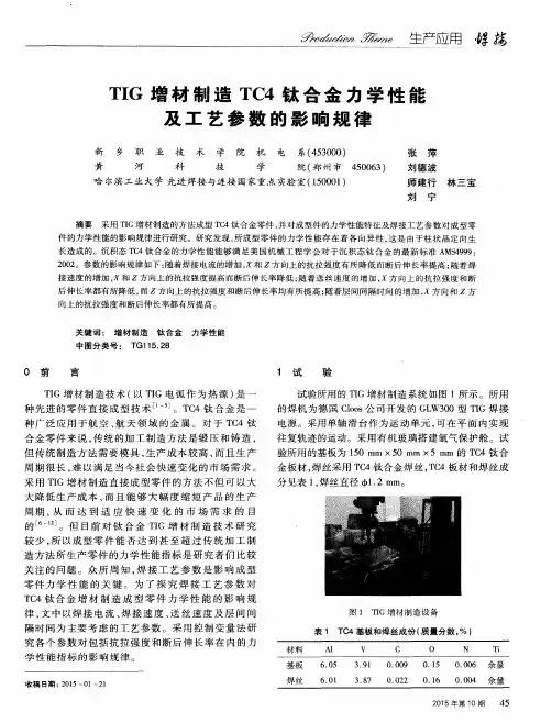 TIG增材制造TC4钛合金力学性能及工艺参数的影响规律