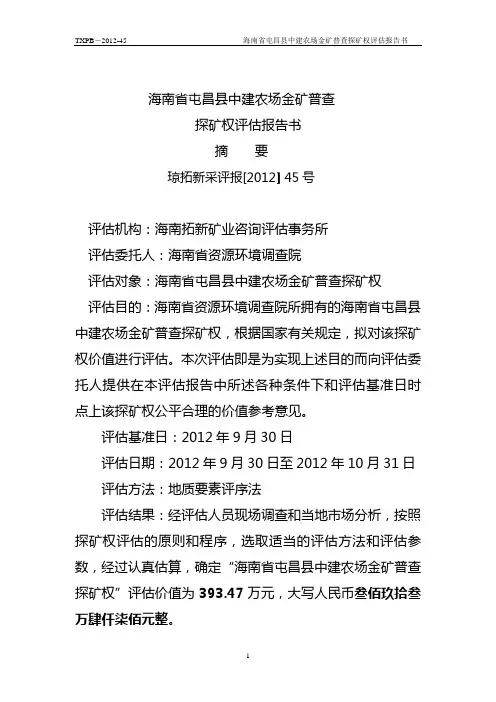 海南省屯昌县中建农场金矿普查