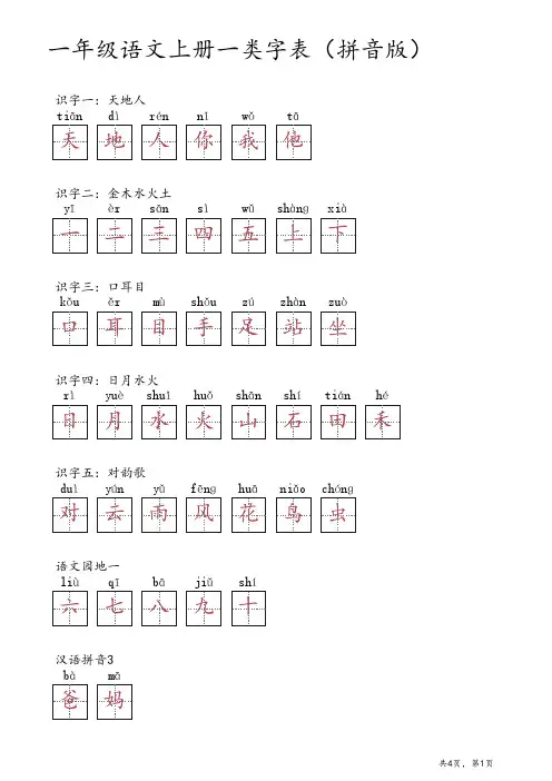 一年级语文上册一类字表