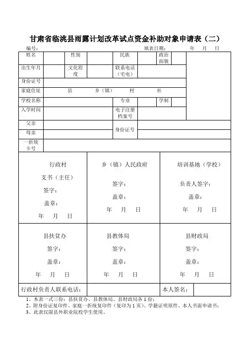 甘肃省临洮县雨露计划改革试点资金补助对象申请表(二)