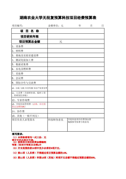 湖南农业大学无批复预算科技项目经费预算表