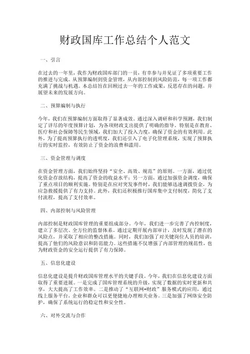 财政国库工作总结个人范文