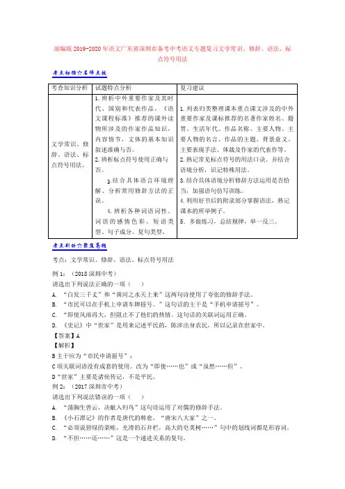 2019-2020年语文广东省深圳市备考中考语文专题复习文学常识、修辞、语法、标