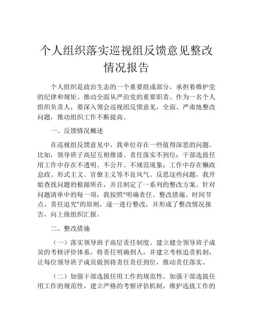 个人组织落实巡视组反馈意见整改情况报告