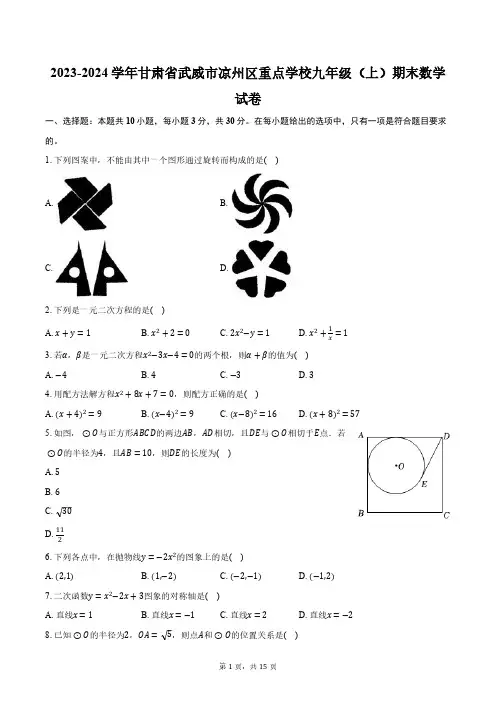 2023-2024学年甘肃省武威市凉州区重点学校九年级(上)期末数学试卷(含解析)