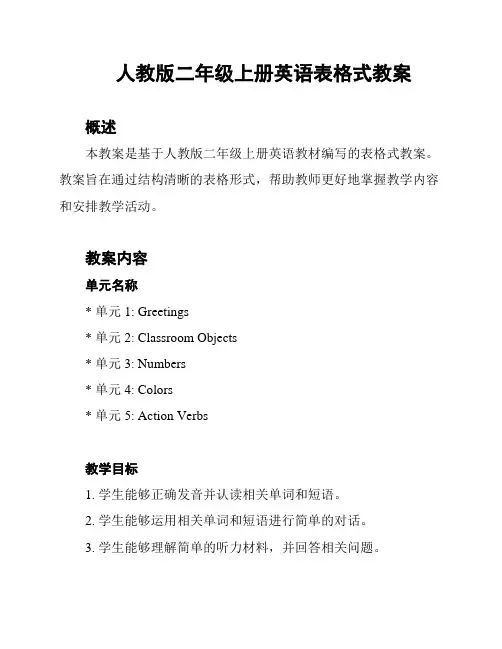 人教版二年级上册英语表格式教案