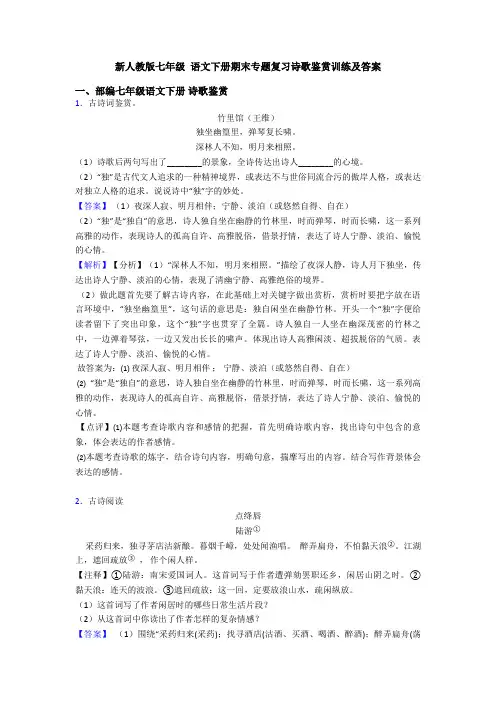 新人教版七年级 语文下册期末专题复习诗歌鉴赏训练及答案