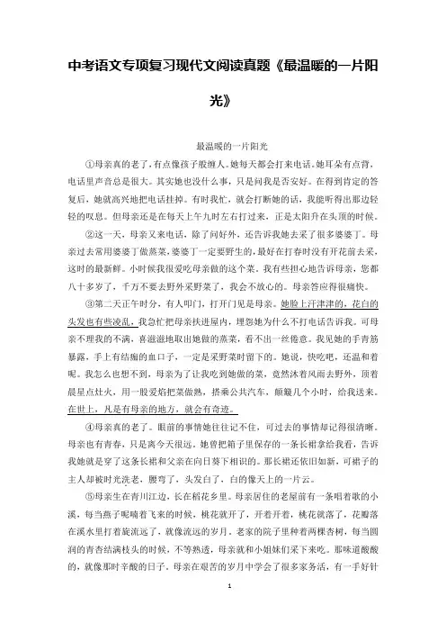 中考语文专项复习现代文阅读真题《最温暖的一片阳光》含答案