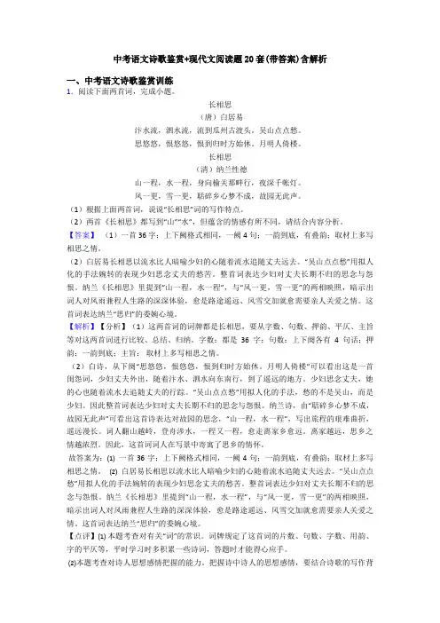 中考语文诗歌鉴赏+现代文阅读题20套(带答案)含解析