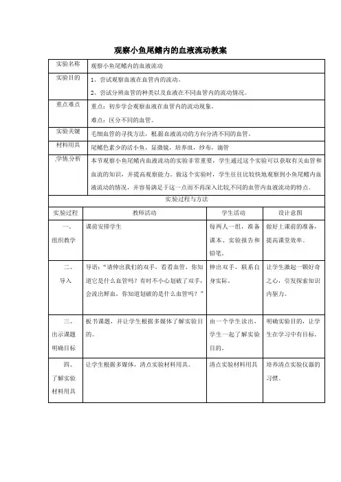 初中生物_观察小鱼尾鳍内的血液流动教学设计学情分析教材分析课后反思