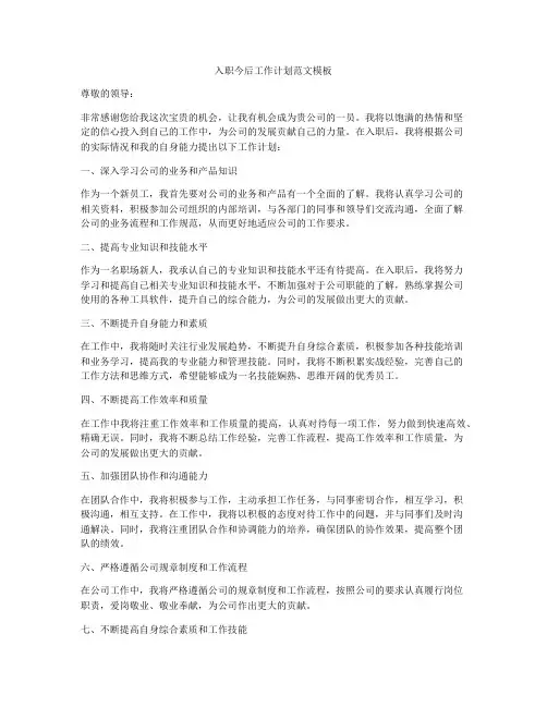 入职今后工作计划范文模板