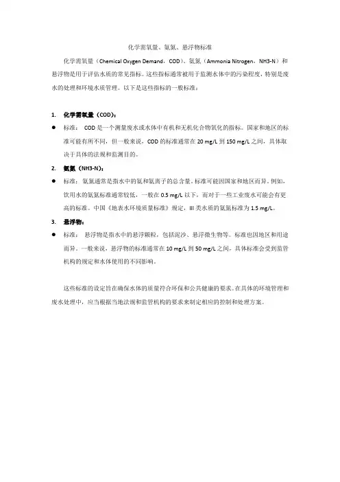 化学需氧量、氨氮、悬浮物标准