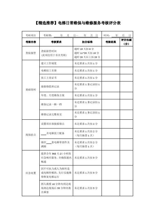 【精选推荐】电梯日常维保与维修服务考核评分表