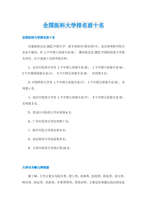 全国医科大学排名前十名