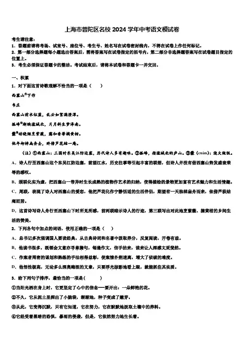 上海市普陀区名校2024学年中考语文模试卷含解析