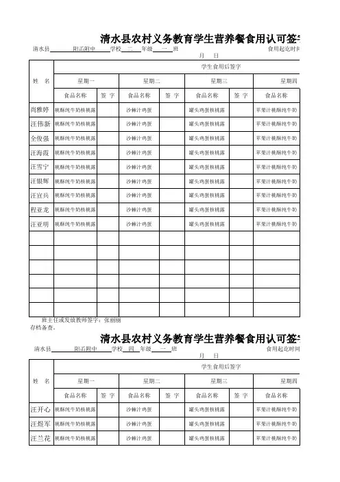 四年级营养餐 工作表