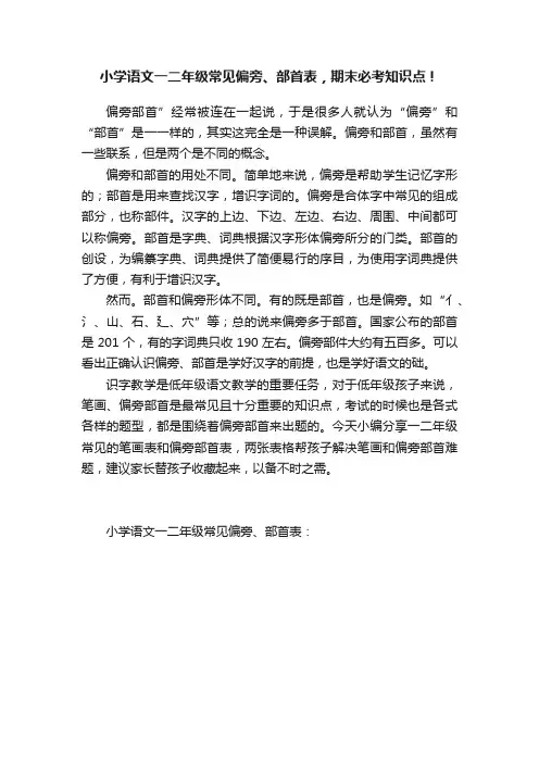 小学语文一二年级常见偏旁、部首表，期末必考知识点！