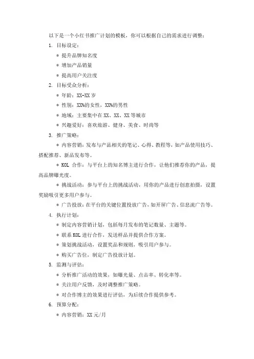 小红书推广计划模板