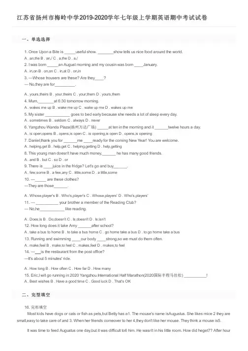 江苏省扬州市梅岭中学2019-2020学年七年级上学期英语期中考试试卷及参考答案