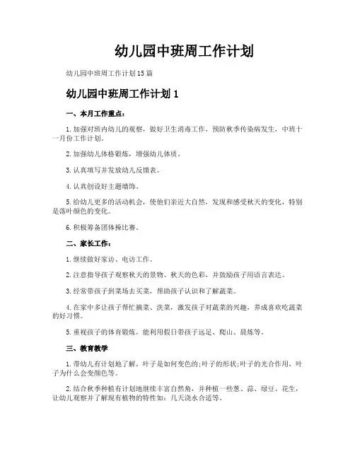 幼儿园中班周工作计划