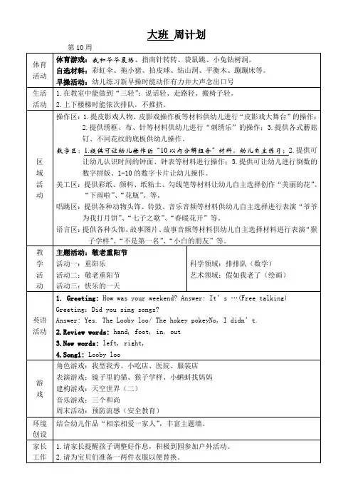 幼儿园大班班级周计划第10周