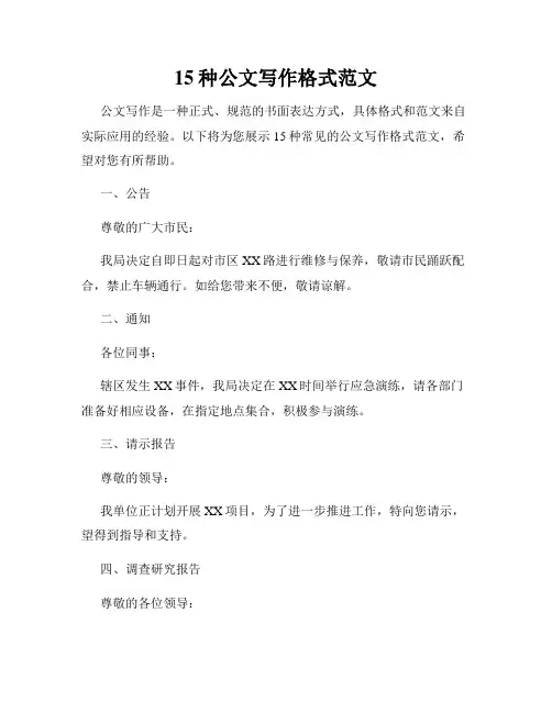 15种公文写作格式范文