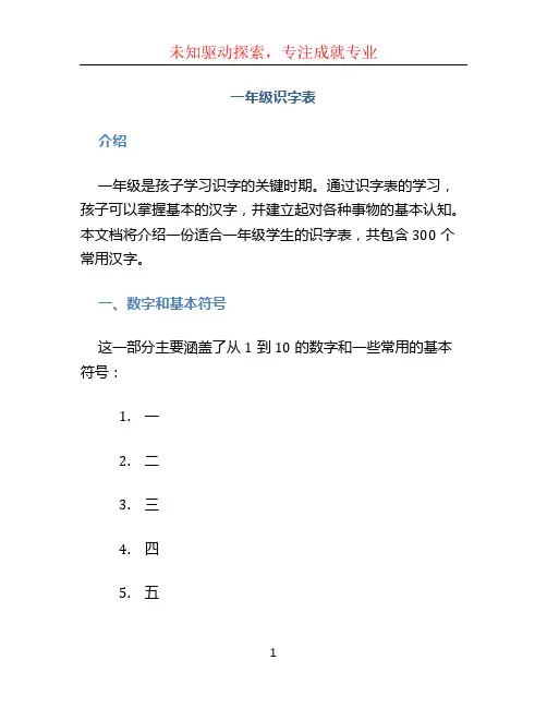 一年级识字表300字