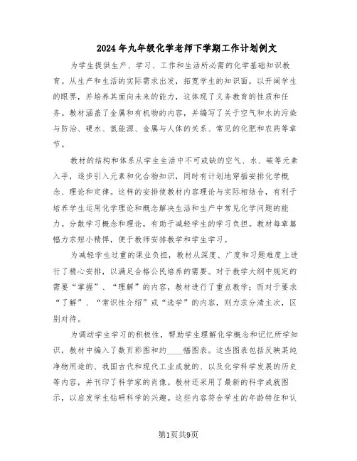 2024年九年级化学老师下学期工作计划例文（五篇）