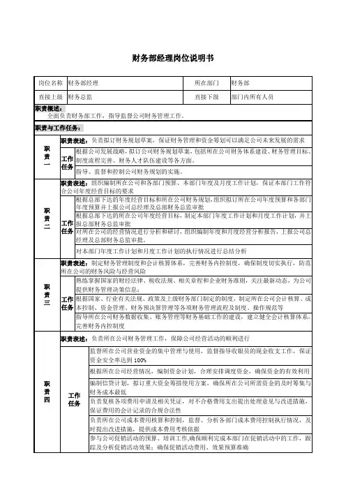 财务部经理岗位说明书