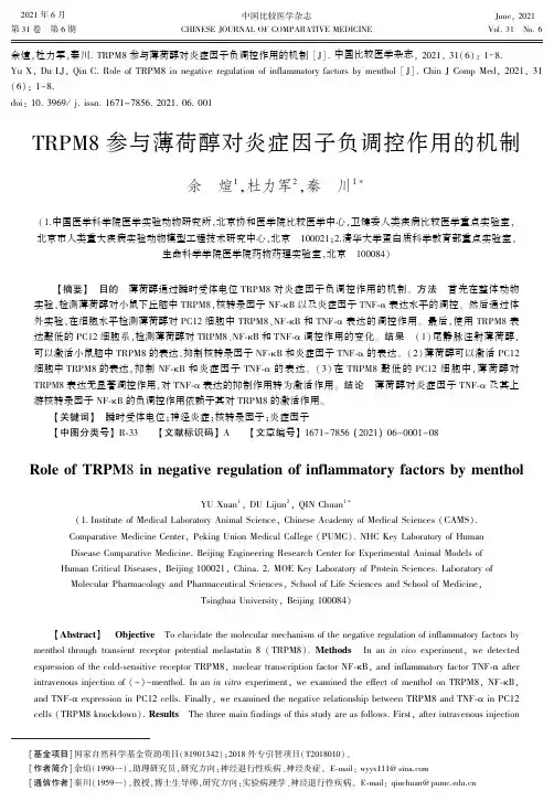 TRPM8参与薄荷醇对炎症因子负调控作用的机制