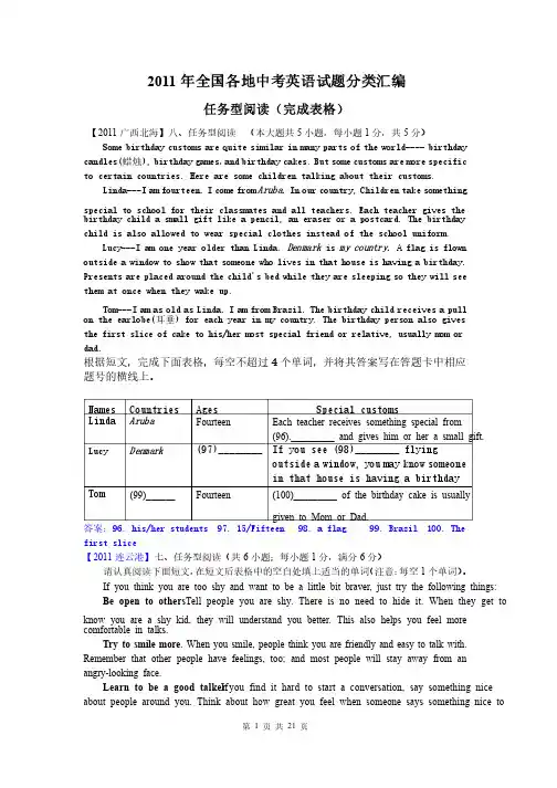 2011年中考英语试题任务型阅读（完成表格型）