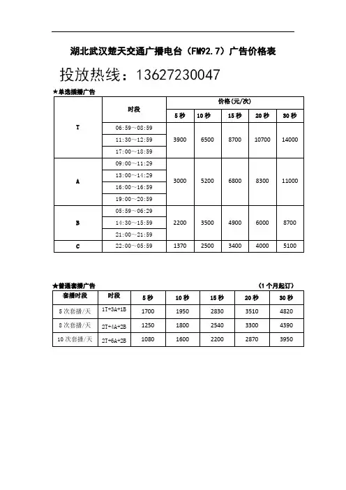 湖北武汉楚天交通广播电台广告刊例报价表