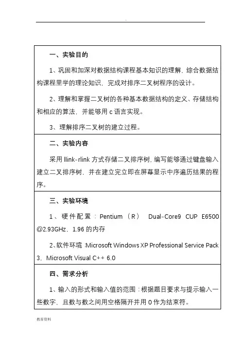 数据结构二叉排序树实验报告