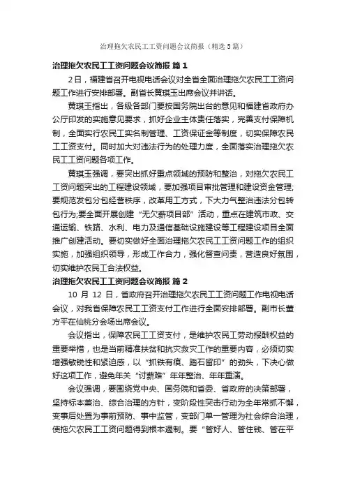 治理拖欠农民工工资问题会议简报（精选5篇）