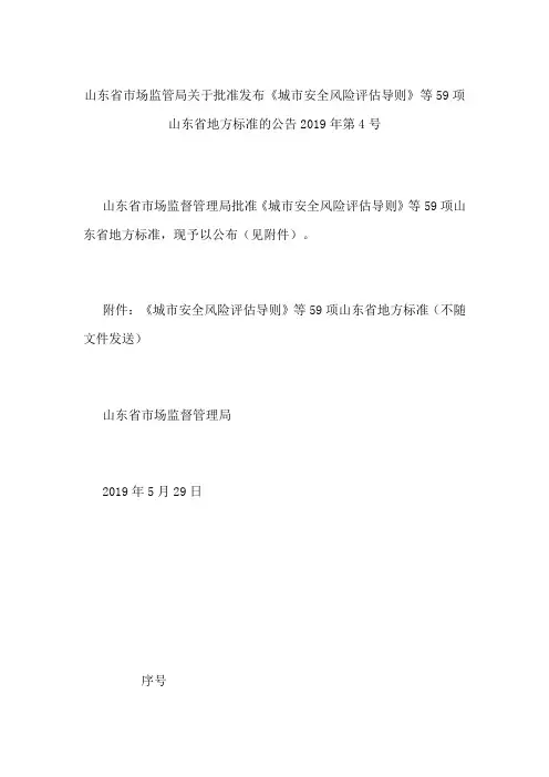 山东省市场监管局关于批准发布《城市安全风险评估导则》等59项山东省地方标准的公告 2019年第4号