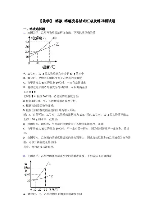 【化学】 溶液 溶解度易错点汇总及练习测试题
