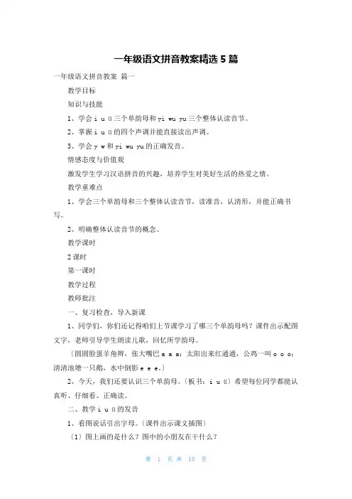 一年级语文拼音教案精选5篇