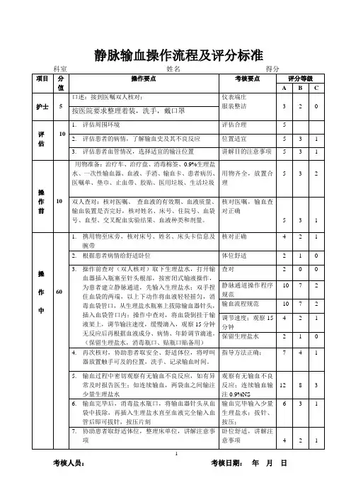 静脉输血操作流程及评分标准