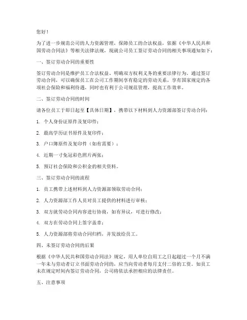 催员工签订劳动合同通知