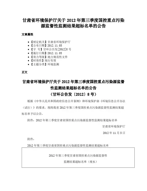 甘肃省环境保护厅关于2012年第三季度国控重点污染源监督性监测结果超标名单的公告