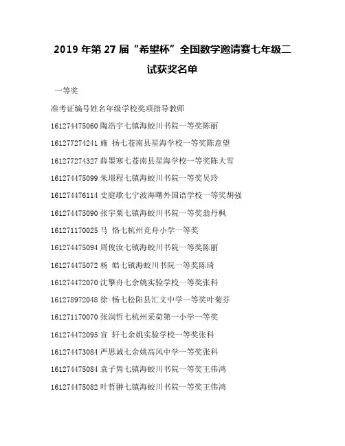 2019年第27届“希望杯”全国数学邀请赛七年级二试获奖名单