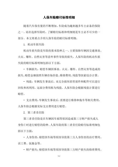 人保车险赔付标准明细